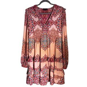 Hale Bob Womens Boho Long-Sleeve Tiered Dress Pink & Multicolor Size L